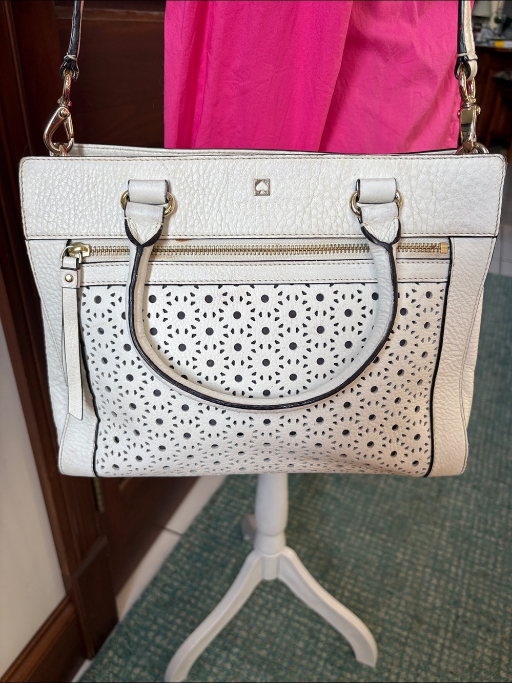 Kate Spade shoulder bag satchel white Lacey cut out Leather work Gold Hardware